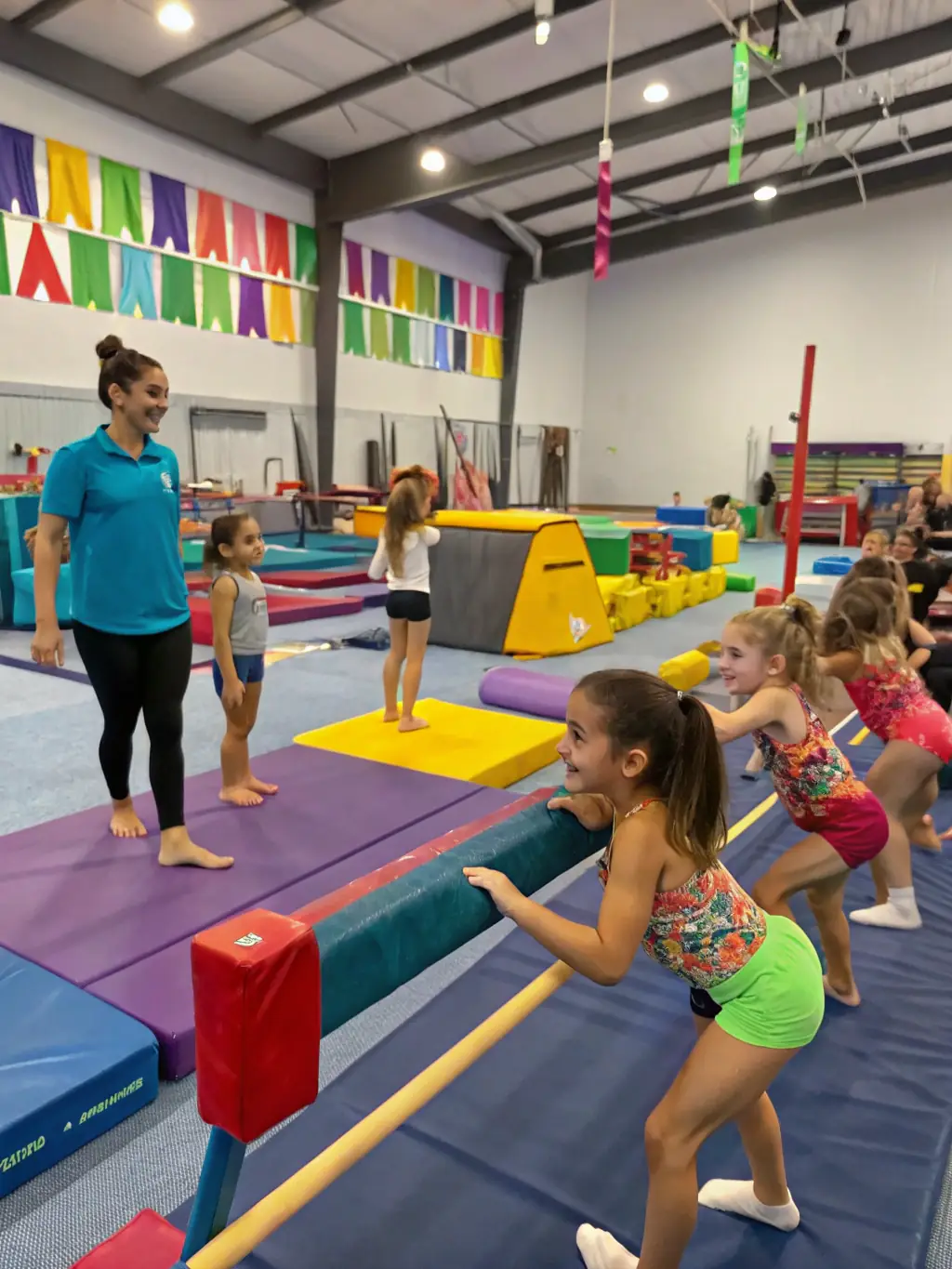A group of young children practicing basic gymnastics moves on a colorful mat, guided by an instructor in a bright and spacious gym at GYMNAST VOLONT AURILLAC NORD.