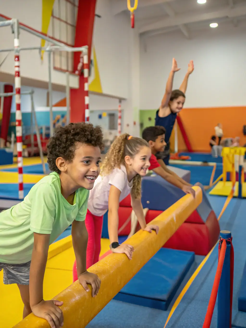 Children practicing cartwheels in a gymnastics class, demonstrating flexibility and coordination under the guidance of a coach.