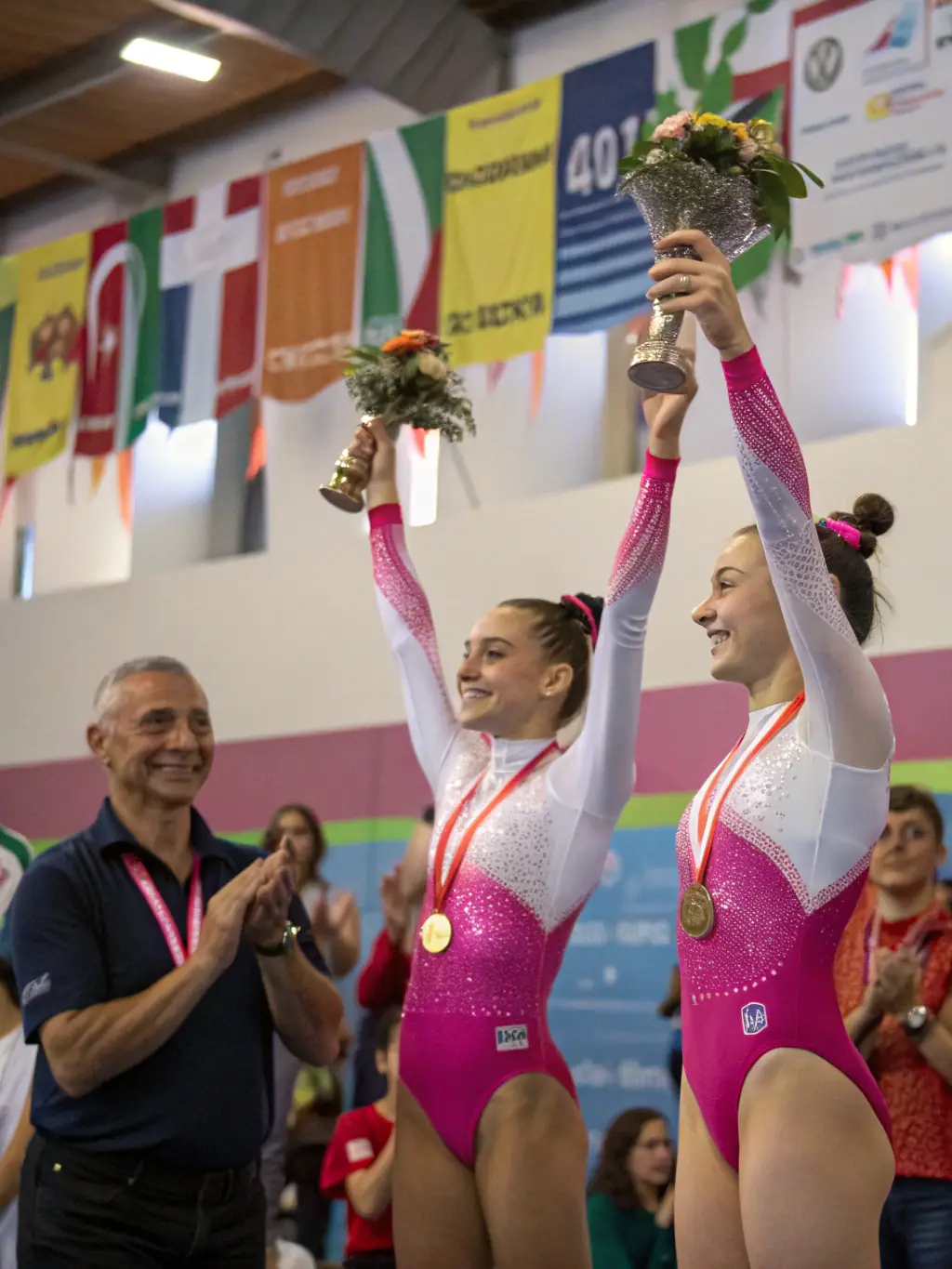 A gymnast celebrating a successful routine with teammates, showing camaraderie and sportsmanship, at a GYMNAST VOLONT AURILLAC NORD competition.