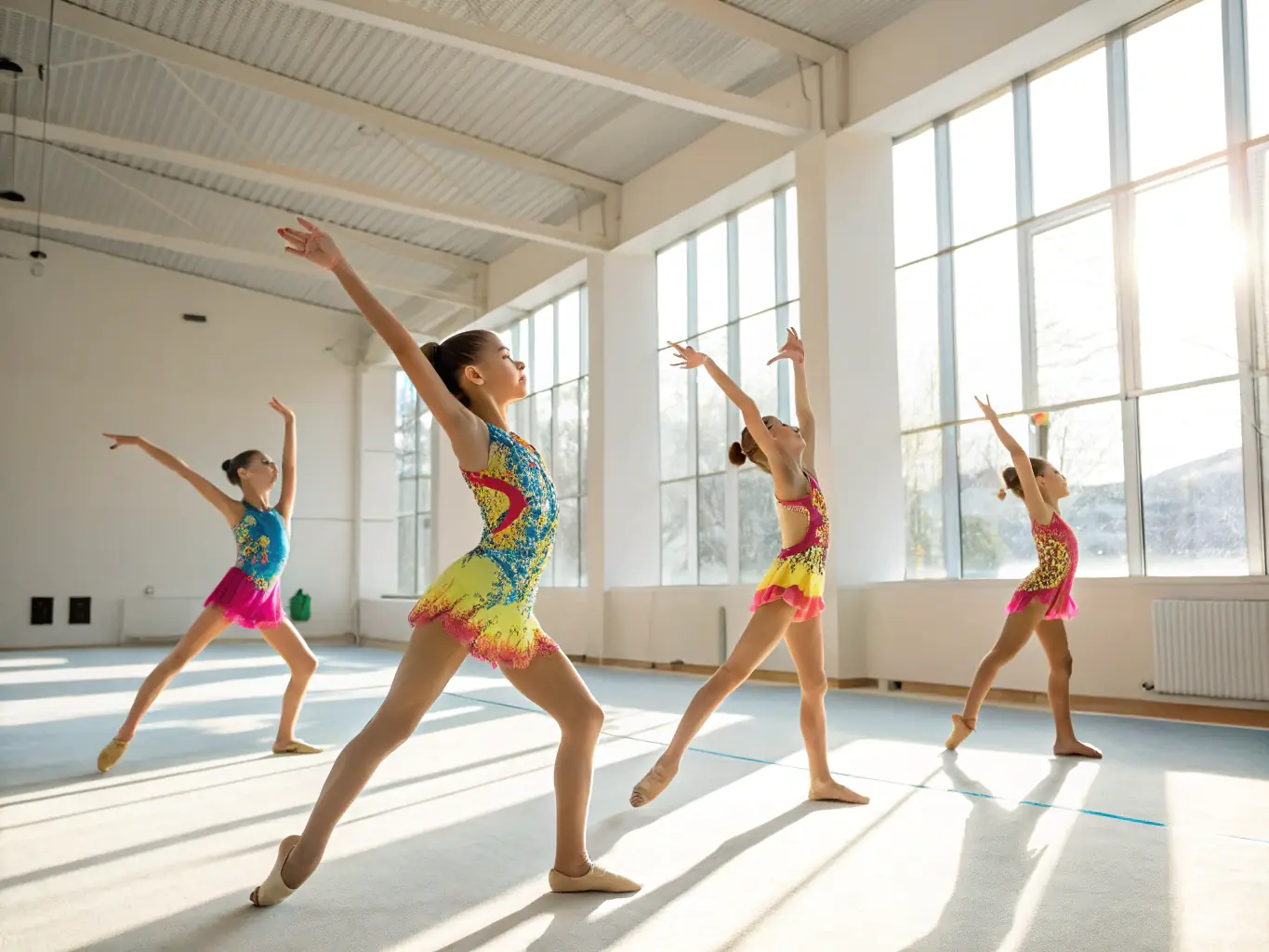 A group of young gymnasts practicing balance beam routines in a well-lit gymnasium, showcasing teamwork and focus.