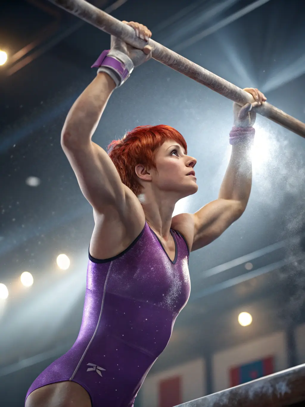 A gymnast overcoming a challenge on the uneven bars, illustrating resilience and determination in a competitive setting.