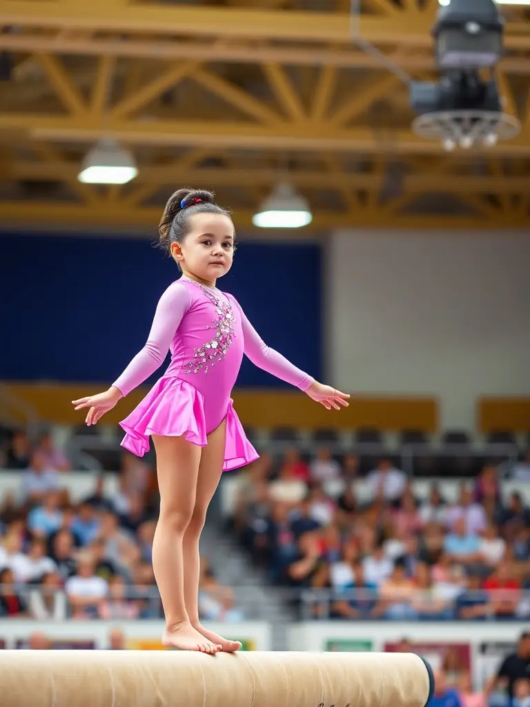 A young gymnast executing a perfect handstand on balance beam, showcasing focus and control in a bright gymnasium setting.