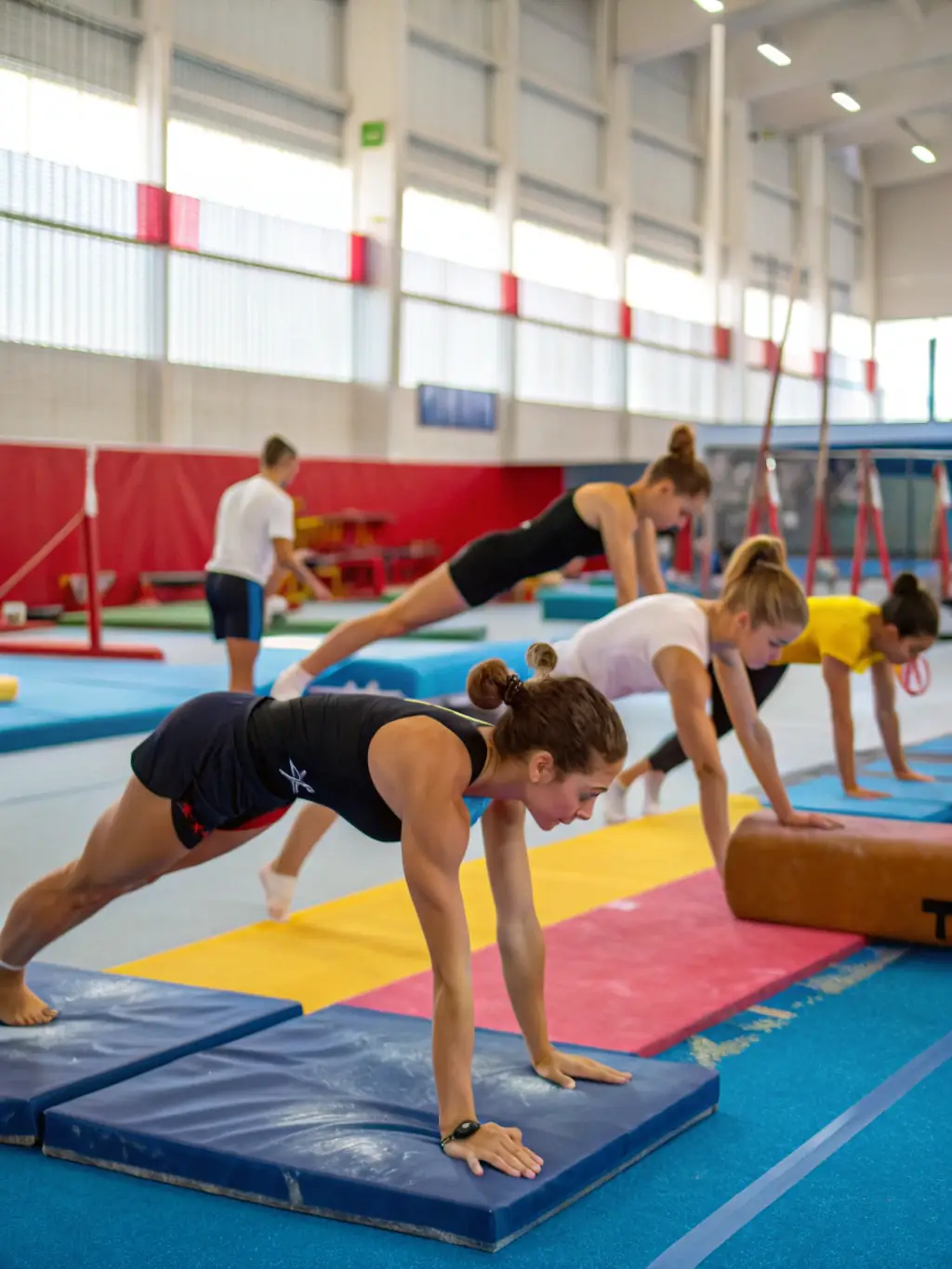 An action shot of teenagers practicing advanced gymnastics techniques, demonstrating their strength, flexibility, and precision under the guidance of experienced coaches at GYMNAST VOLONT AURILLAC NORD.