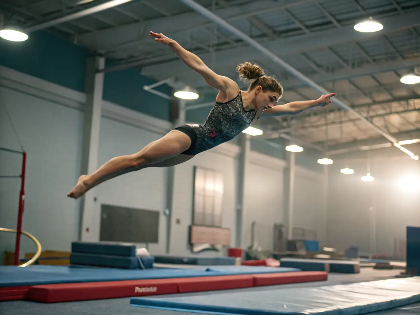 A gymnast performing a floor routine with energy and precision, highlighting the strength and flexibility developed through advanced training.